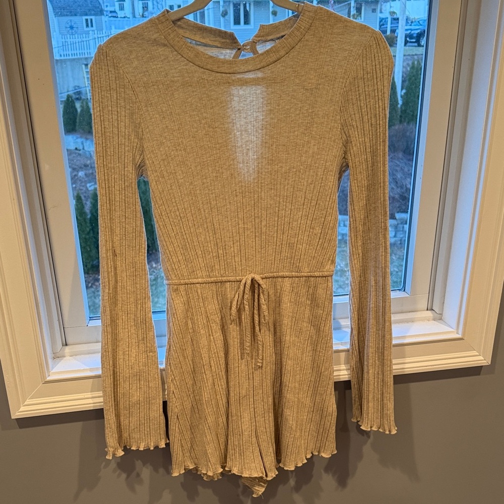 Beige Ribbed Long Sleeve Romper